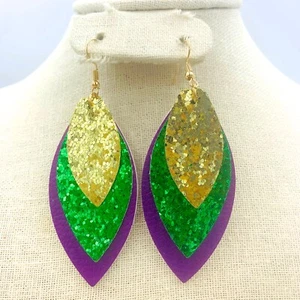 Mardi Gras Themed Glitter Triple Leaf Shaped Dangle Earrings - Picture 1 of 4