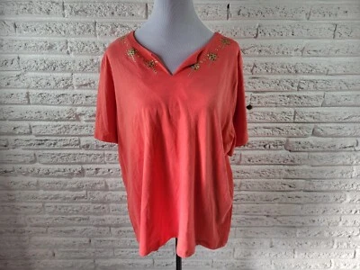 Camiseta para mujer Coral Bay 2X Plus manga corta rosa tachonada muesca cuello cómoda Foto 1 de 4