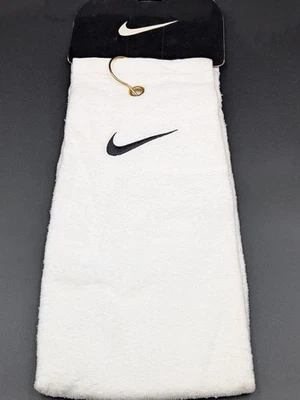 Nike Golf Towel – White with Black Swoosh – Gold Hardware Clip – New - Image 1 of 4