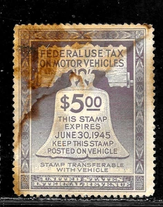 HICK GIRL-OLD USED U.S. $5.00 FEDERAL USED MORTOR VEHICLES TAX STAMP       X5563 - Picture 1 of 2