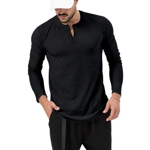 Mens Slim Fit Henley Shirt Long Sleeve Muscle Fit Button Tee Casual Pullover Top - Picture 1 of 9