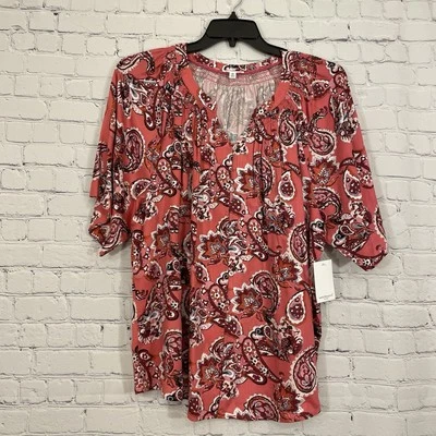 Blusa Westbound Mujer Top 2X Rosa Paisley Abotonada Cuello en V NUEVA Foto 1 de 4