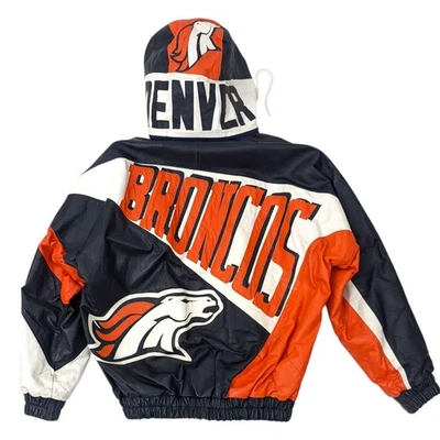 Jaqueta de couro vintage anos 90 Denver Broncos bootleg masculina GG laranja azul futebol - Imagem 1 de 4