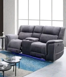 Hannah Grey Microfibre 2 Seater Sofa Electrical Recliners + Blue LED - Picture 1 of 10