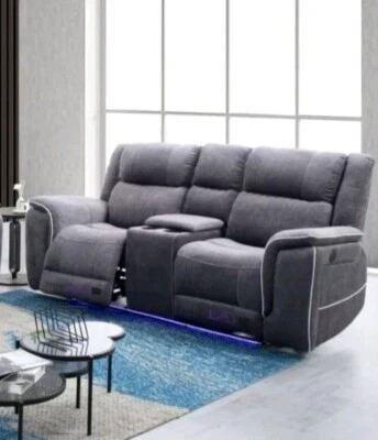Hannah Grey Microfibre 2 Seater Sofa Electrical Recliners + Blue LED