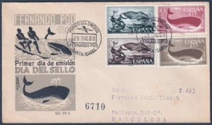 F-EX45737 FERNANDO POO SPAIN 1960 REG FDC FISHING WHALE FISH TO BARCELONA. - Picture 1 of 2