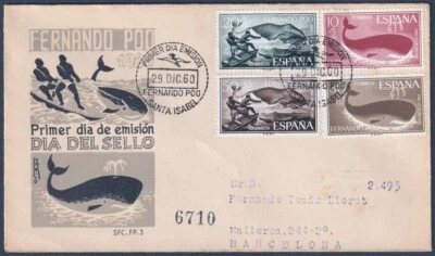 F-EX45737 FERNANDO POO SPAIN 1960 REG FDC FISHING WHALE FISH TO BARCELONA. - Image 1 of 2