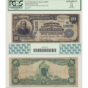 1902 PB $10 Fr#598 The Commercial NB Great Falls MT PCGS Currency F12 Apparent - Afbeelding 1 van 1