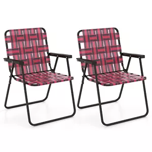 2PCS Folding Beach Chair Camping Lawn Webbing Chair Lightweight 1 Position Red - Picture 1 of 9