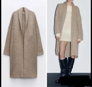ZARA BEIGE OVERSIZED RIBBED KNIT COAT LONG CARDIGAN SIZE S - Picture 1 of 4