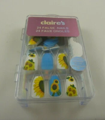 Claire's uñas postizas imitación girasol tema azul, blanco y amarillo con pegamento  Foto 1 de 4