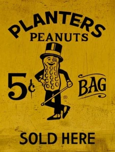 PLANTERS PEANUTS 5¢ BAG SOLD HERE HEAVY DUTY USA MADE METAL ADVERTISING SIGN - Picture 1 of 1