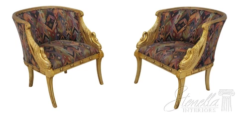 59573EC: Pair Neoclassical Gold Gilt Swan Carved Barrel Chairs Cover