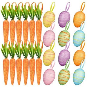 24 PCS Easter Egg Carrot Ornament, Foam Glittering Hanging Eggs Carrots for E... - Picture 1 of 7