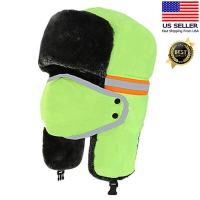 GLORY MAX FASHION Green Hi Vis Reflective Outdoor Trapper Hat Aviator Russian Thermal Cap W/ Mask