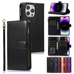 For iPhone 15 14 13 12 11 X 8 7 6 Leather 9 Card Slots Zipper Wallet Phone Case - Picture 1 of 54