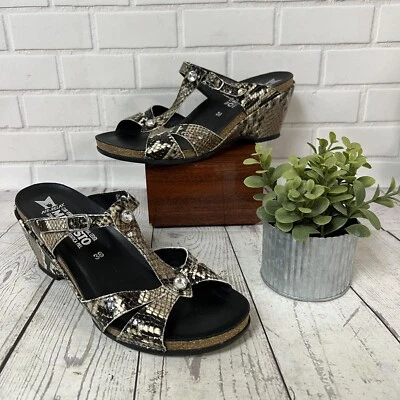 Mephisto Nazli Snake Crystal T Strap Cork Wedge Sandals Size 8 38 Brown Leather - Image 1 of 4