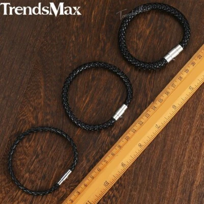 4/6/8mm Black Braided Leather Rope Bracelet Unisex Cord Jewelry Magnetic Clasp - Image 1 of 4
