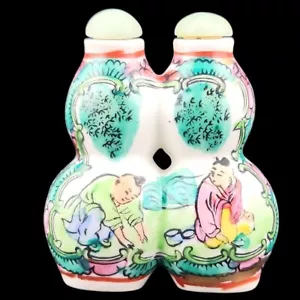 Antique Chinese Double-Sided Hand-Painted Porcelain Snuff Bottle w/ Jade Caps - Picture 1 of 22