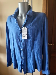 ZARA 100 % LEINENHEMD MIT Kragen und langen Ärmeln Tasche BLAU M-XL 7545/242 NEU MIT ETIKETT - Bild 1 von 12
