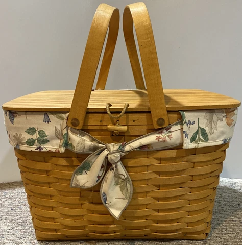 Longaberger 1999 Picnic Basket Leather Hinged Lid w/ Plastic Protector & Fabric Cover