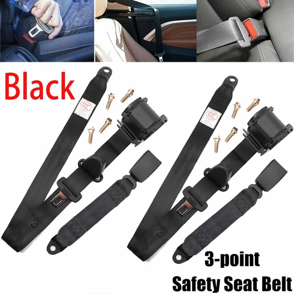 2Set Retractable 3 Point Safety Seat Belt Straps Car Vehicle Adjustable Belt Kit - Image 1 of 4