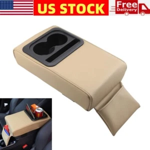 Car Center Console Pad Leather Armrest Cushion with Cup Holder Elbow Rest Pillow - Picture 1 of 12