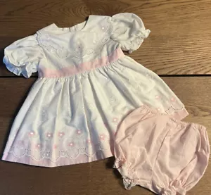 Vintage Girls 2T Dress White with Pink Flower Eyelet Lace Ruffle Sash - Picture 1 of 11
