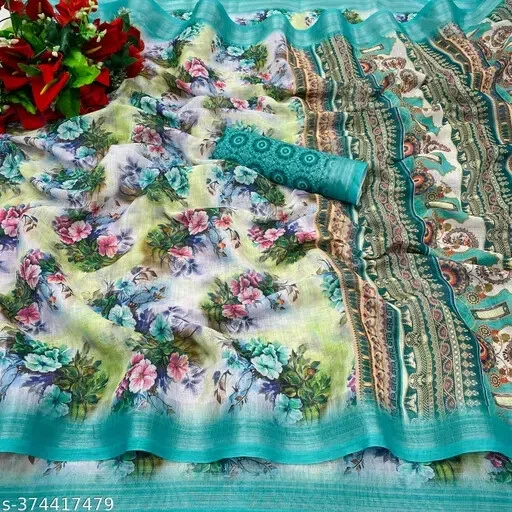 Sari de lino de algodón para mujer con pieza de blusa para correr Foto 1 de 1