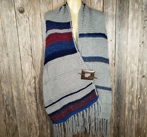 NEW Gray Burgundy Blue Knit Shawl Wrap Long Scarf Boho Hippie Knitted Fringe - Picture 1 of 6