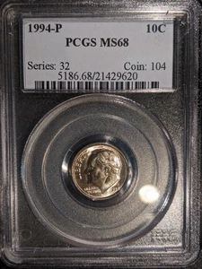 1994-p pcgs ms68 Roosevelt Dime Top Pop 3/0 Super Nice OBH Old Blue Holder - Picture 1 of 2