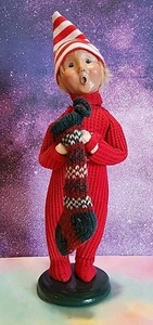 2003 Byers Choice Caroler Child with Stocking Red Pajamas Striped Hat 9 in - Picture 1 of 7