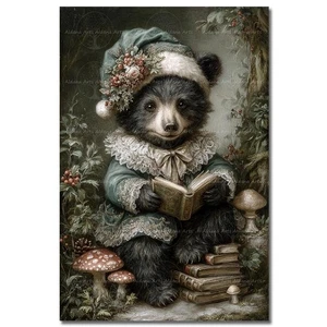VICTORIAN CHRISTMAS BEAR ART PRINT, Fantasy Animal Poster, Holiday Book Decor - Picture 1 of 2