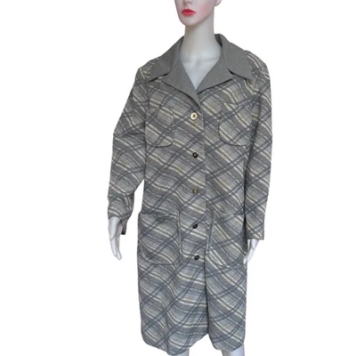 Vintage 1960s Plus-Size Blue Plaid Car Coat Polyester Knit Size XL - Image 1 of 4