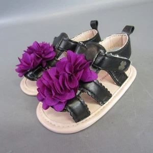 Lucky Brand Sandals Purple Flower Black Straps Newborn Baby Girl Shoes - Picture 1 of 6