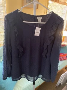 J. Crew Size 14 Navy Blue Long Sleeve Ruffle Front Clip Dot Top Blouse, NWT! - Picture 1 of 11