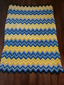 Vtg Handmade Knit AFGHAN Crochet ZIG ZAG Chevron BLUE YELLOW 56” X 41” - Picture 1 of 2
