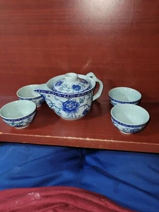 Japanese Blue Flower Ceremony Tea Set 5 Piece Flowers New In box - Picture 1 of 9