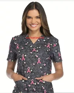 Dickies Women's Scrubs Size S Gray Pink Print Tops Shirt DK704 LOVE CARE HOPE - Picture 1 of 5