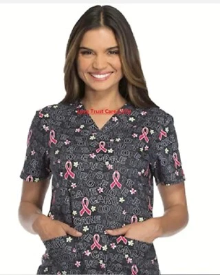 Dickies Scrubs Womens Top Size S Gray Pink Print Shirt DK704 LOVE CARE HOPE - Image 1 of 4