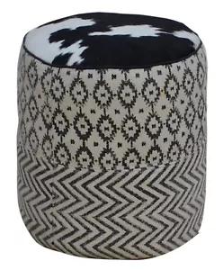 Black & White Patterned Round Pouf UMA with Cowhide Top - Picture 1 of 2