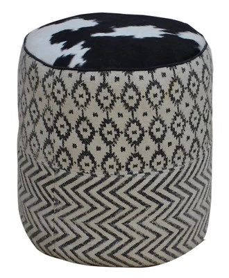 Black & White Patterned Round Pouf UMA with Cowhide Top - Image 1 of 2