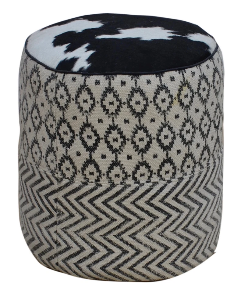 Black & White Patterned Round Pouf UMA with Cowhide Top - Image 1 of 2