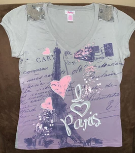 JUSTICE T-SHIRT SIZE 12 I LOVE PARIS GRAY SHIMMERING SEQUINS SUPER CUTE!! - Picture 1 of 5