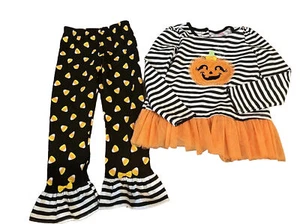 Nannette kids Girl Halloween Pumpkin Fall Outfit Size 6 Candy Corn Ruffle Bottom - Picture 1 of 3