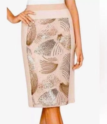 BCBGMAXAZRIA Pencil Skirt Sz Medium Sequin Metallic Blush Pink Gold Silver Lace - Image 1 of 4