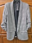 Boohoo Ruched Dogtooth Prince Of Wales Check Blazer US Sz 16 Gray Cotton NWT