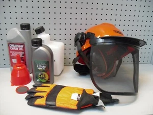 6 Piece Chainsaw Starter Kit - Helmet, Gloves, Oils, Funnel And Mixing Bottle - Picture 1 of 6