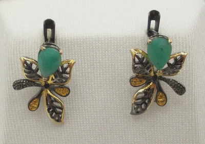 Smaragd - Ohrringe, Ohrhänger, Ohrstecker     Sterlingsilber 925   geschwärzt - Bild 1 von 4