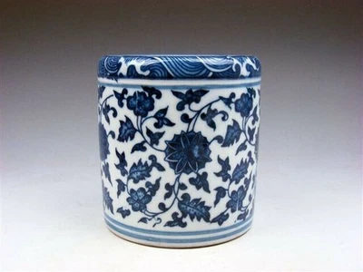 Vaso suporte pincel porcelana esmaltada azul e branco padrões florais pintado #030625R - Imagem 1 de 4